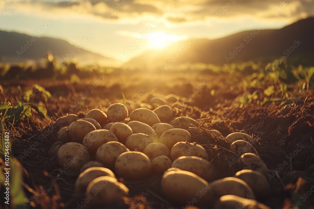 Obraz premium Freshly dug potatoes drying in golden sunlight on farm field