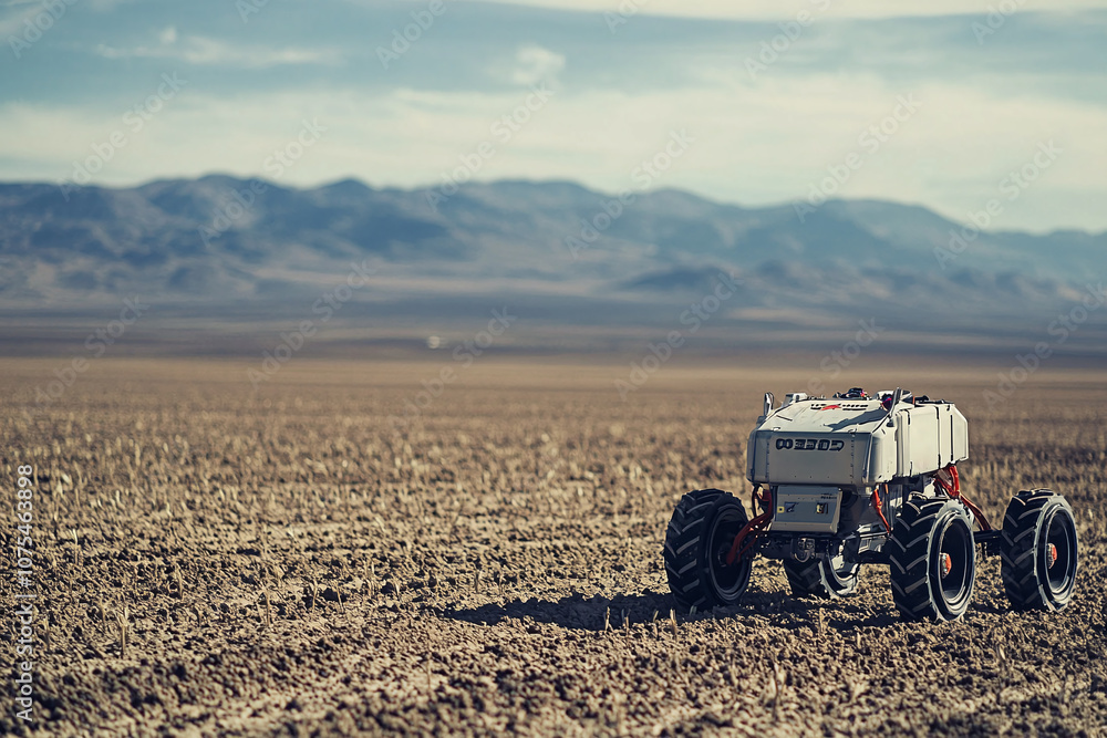 Obraz premium a robotic agricultural assistant planting seeds in a vast open field.