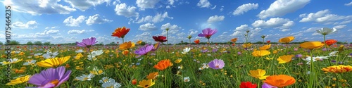 A colorful field of wildflowers in shades of purple, orange, yellow, and pink, stretching under a bright blue sky with scattered clouds.

