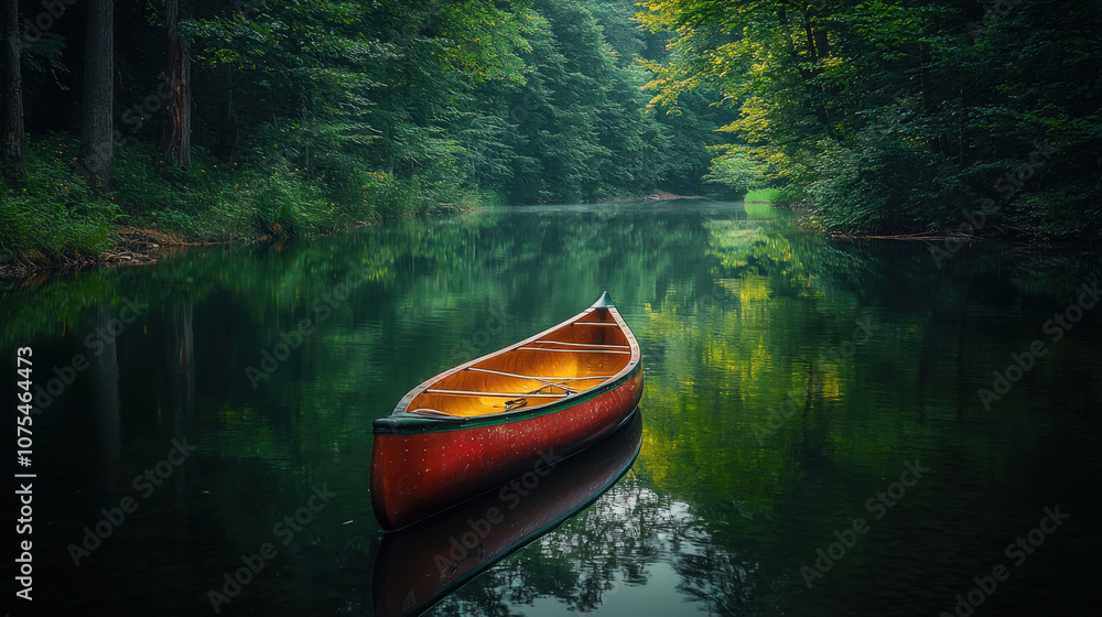 A serene canoe floats peacefully on still waters surrounded by lush green trees at dawn A serene canoe floats peacefully on still waters surrounded by lush green trees at dawn