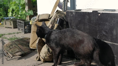 A curious black cat is seen investigating military gear and bags placed on the ground outside. The scene captures the contrast between the pet and its rugged surroundings.