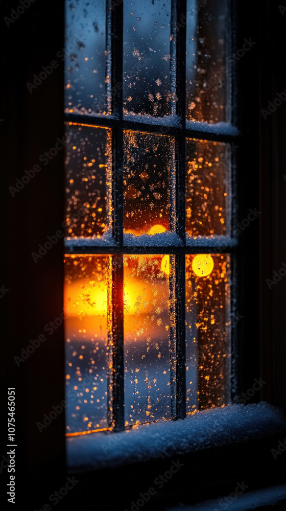 Fototapeta premium cozy nighttime view of a window with frosted edges, showing a warm glow from inside and snowflakes gently falling outside, perfect for a tranquil holiday vibe