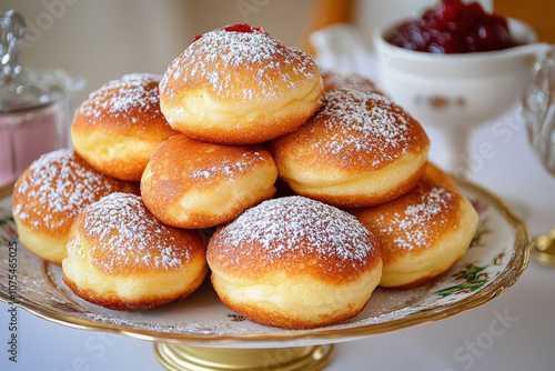 Close-Up Of Danish ??Bleskiver (Puffed Pancakes) Dusted With Powdered Sugar And Served With Raspberry Jam, Presented On A Festive Table photo