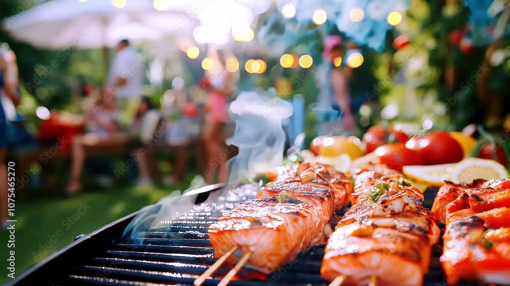 Grilled salmon skewers on bbq at outdoor summer garden party with friends