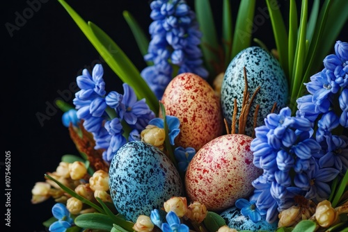 Colorful Easter Eggs with Flowers in Spring Arrangement photo