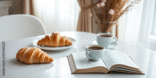 Dining table set with cup of coffee, open book, and croissant in well-lit room, relaxation, lifestyle