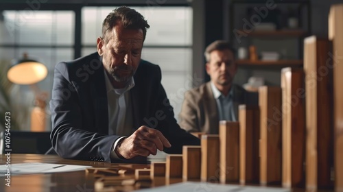 A businessman CEO acts decisively to stop a collapsing wood bar graph, preventing a chain reaction, while two negotiators finalize a deal nearby. photo