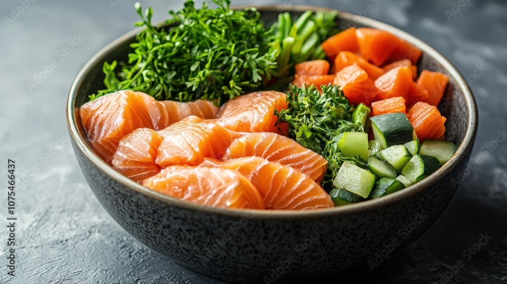 Fresh salmon with assorted vegetables in a stylish bowl on a dark background Fresh salmon with assorted vegetables in a stylish bowl on a dark background