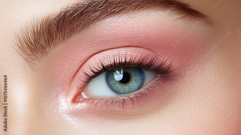 Obraz premium A woman's striking eye captivates with expertly applied makeup featuring soft pink tones, enhancing the natural beauty of the lashes and iris in gentle lighting for an artistic effect
