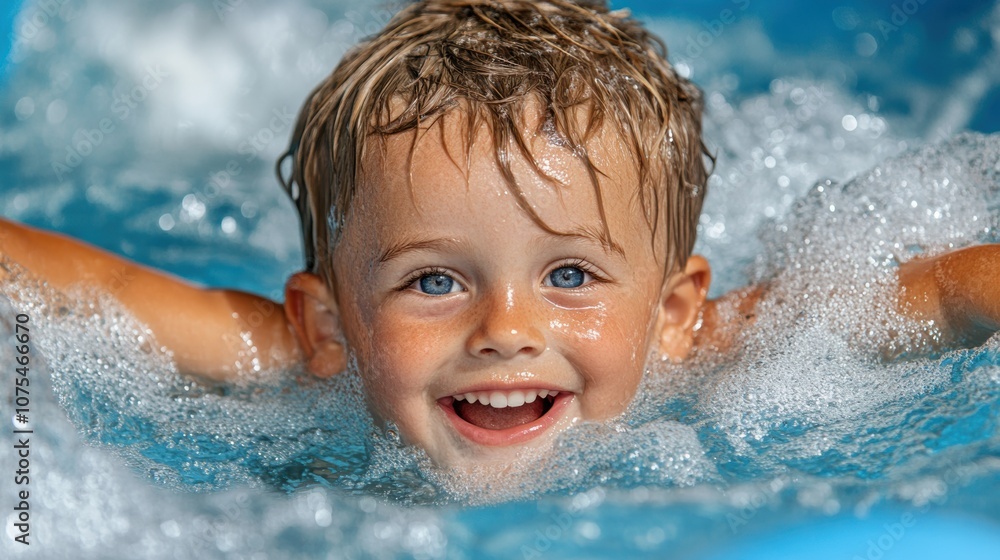 A young boy with tousled hair swims joyfully in a bright blue pool, surrounded by bubbles, showcasing a radiant smile and enjoying a perfect summer day A young boy with tousled hair swims joyfully in a bright blue pool, surrounded by bubbles, showcasing a radiant smile and enjoying a perfect summer day