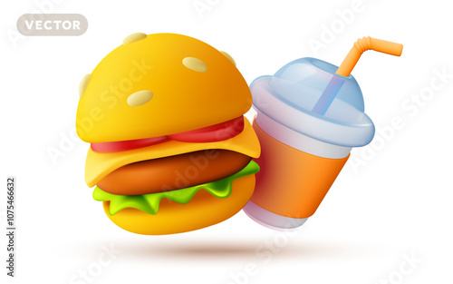 Vector illustration of realistic set of burger with cheese and drink cup with straw on white color background. 3d style design of hamburger and take away coffee cup with shadow. Fast food set