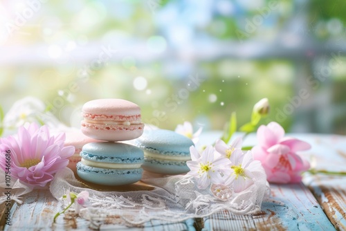 Colorful macarons and blossoms on rustic table in sunlight