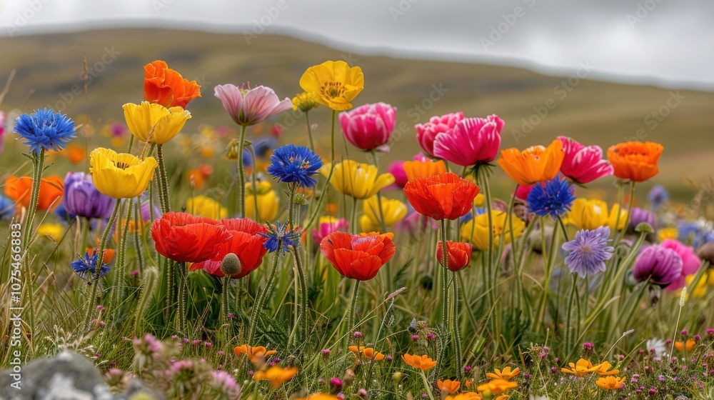 Naklejka premium A lush field of wildflowers with vibrant poppies blue cornflowers and yellow daisies set against a scenic landscape.