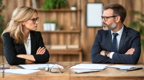 Two professionals sit facing each other with crossed arms at a rustic conference table. The atmosphere feels tense as they exchange serious glances, surrounded by a contemporary office decor