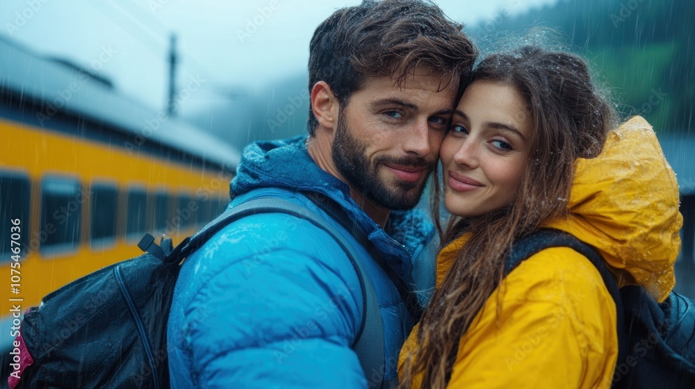 A happy couple stands close together, wearing colorful jackets and backpacks, as gentle raindrops fall around them at a scenic train station with mountains in the background A happy couple stands close together, wearing colorful jackets and backpacks, as gentle raindrops fall around them at a scenic train station with mountains in the background