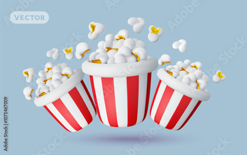 Vector illustration of set of realistic full striped red bucket of pop corn on color background. 3d style design of popcorn box with shadow. Cinema sweet fast food for national day celebration banner