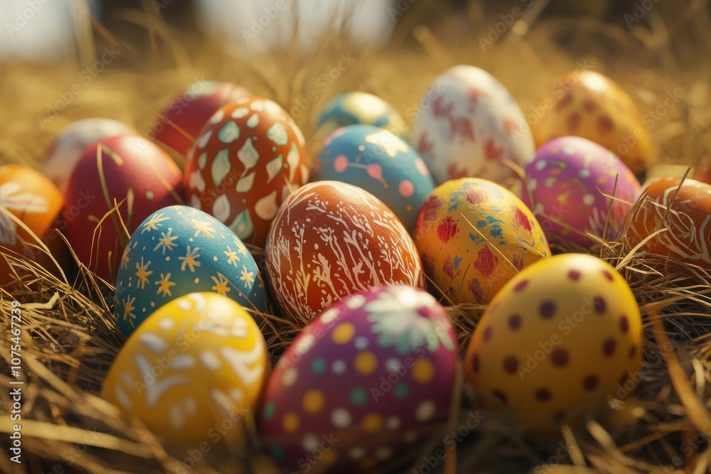 Colorful Easter Eggs on Straw Background Colorful Easter Eggs on Straw Background