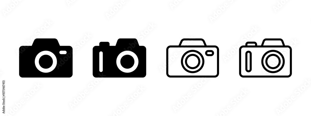 Camera icon. Photo camera vector illustration. Photograph symbol. Snapshot sign. Capture pictogram. Photographer outline and black filled concept. Camera icon. Photo camera vector illustration. Photograph symbol. Snapshot sign. Capture pictogram. Photographer outline and black filled concept.