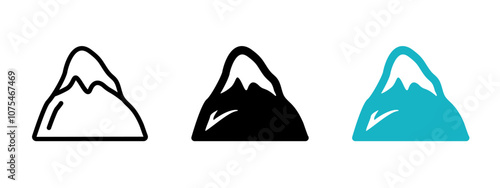 Mountain icon. Hiking or trekking symbol. Everest peak vector illustration. Outdoors adventure sign. Climbing pictogram. Alp ridge silhouette. Ice mountain peak concept.