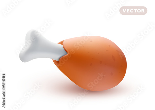 Vector illustration of realistic fried chicken leg with bone on white color background. 3d style cartoon design of roast crispy turkey drumstick with shadow. Meat fast food