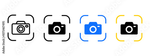 Camera focus icon. Focusing frame with photo camera vector illustration. Sharpened capture symbol. Photo scan sign. Target image pictogram. Picture shooting concept. Web interface button.