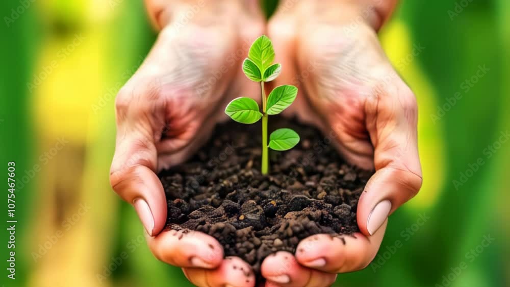 Close-up of hands holding rich soil with a vibrant green sapling, symbolizing growth, care, and environmental sustainability. Close-up of hands holding rich soil with a vibrant green sapling, symbolizing growth, care, and environmental sustainability.