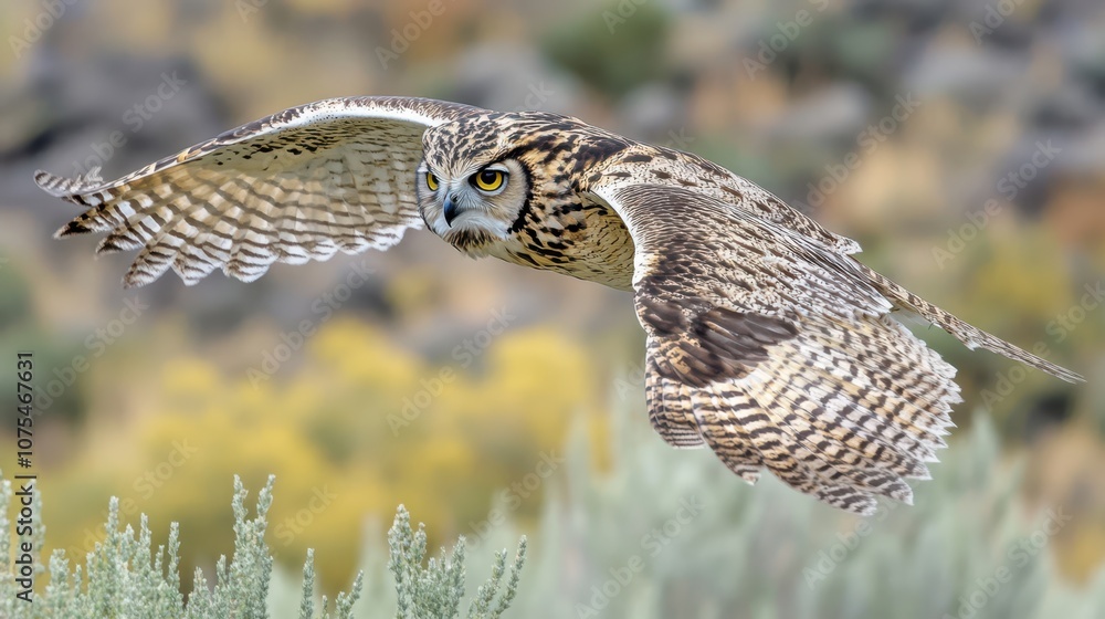Fototapeta premium a large owl flying over a field of grass