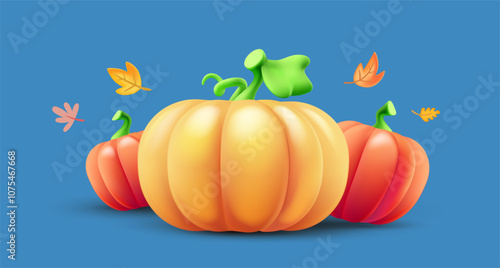Vector fall illustration of orange color cartoon pumpkin set and leaves on white background. 3d style design of pile of season pumpkin and autumn leaf pattern for thanksgiving day banner