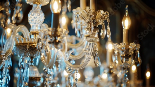 Close up of a crystal chandelier glistening with sparkling light, adding a touch of elegance and sophistication to a luxurious interior