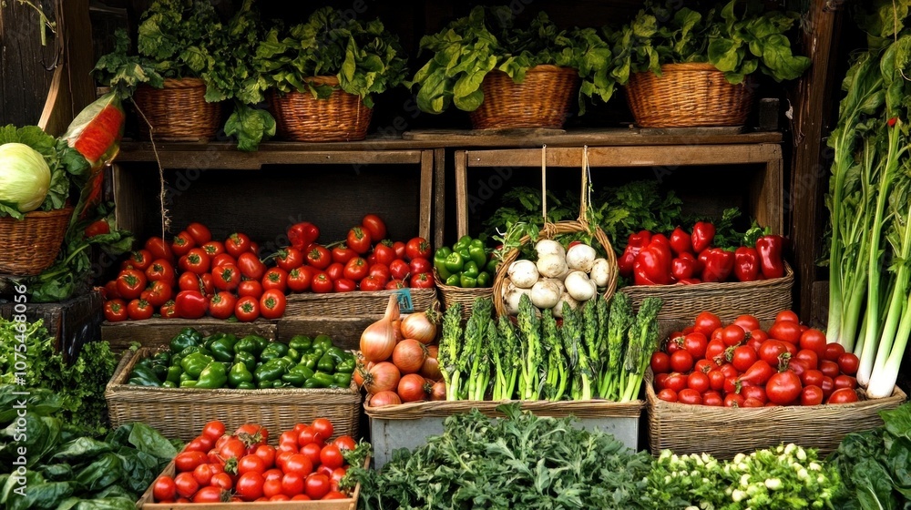A vibrant arrangement of fresh vegetables fills woven baskets at a market. Bright red tomatoes, green peppers, and leafy greens create an inviting and colorful showcase for shoppers A vibrant arrangement of fresh vegetables fills woven baskets at a market. Bright red tomatoes, green peppers, and leafy greens create an inviting and colorful showcase for shoppers