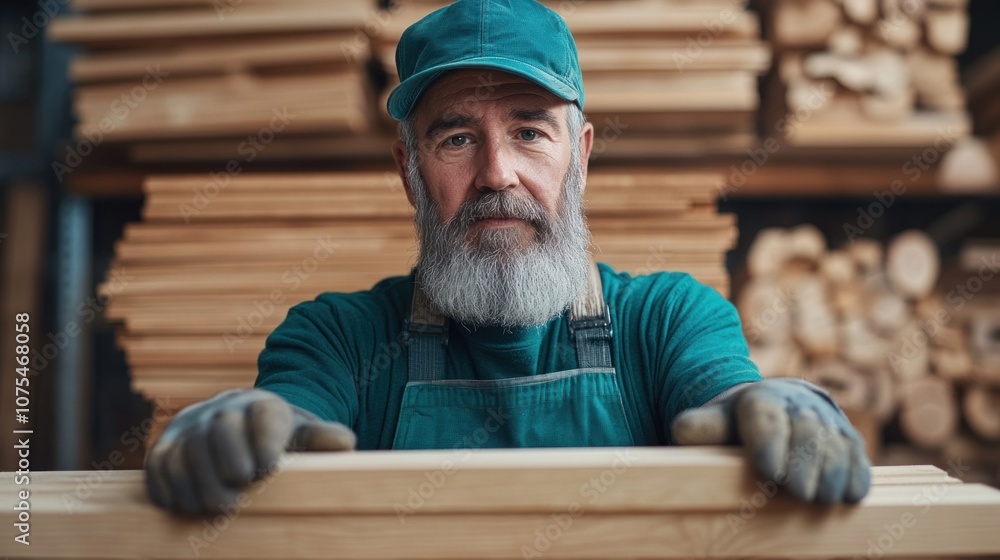 skilled woodworker with a gray beard and green attire stands in a workshop, holding a piece of timber while surrounded by stacks of lumber, showcasing craftsmanship and dedication skilled woodworker with a gray beard and green attire stands in a workshop, holding a piece of timber while surrounded by stacks of lumber, showcasing craftsmanship and dedication