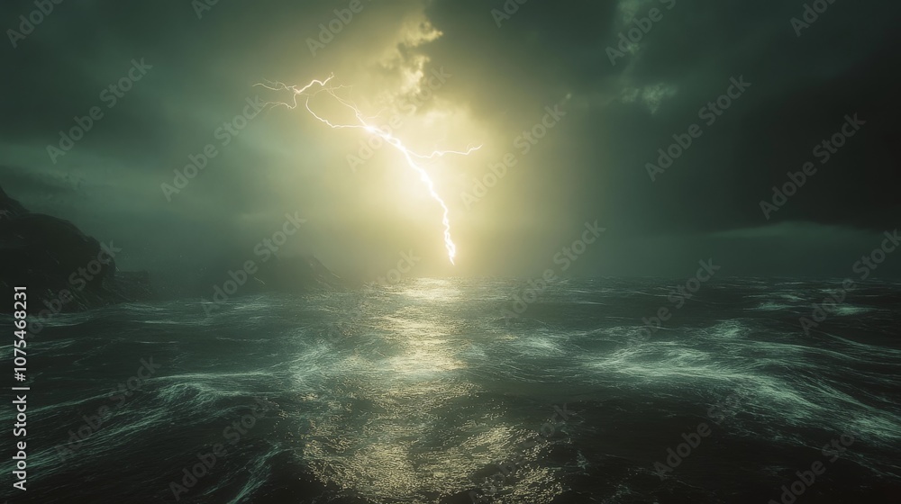 A single lightning strike illuminates the stormy sea A single lightning strike illuminates the stormy sea