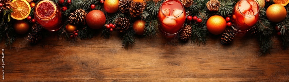 A collection of vibrant holiday drinks on a rustic table, surrounded by festive decorations for a cozy celebration