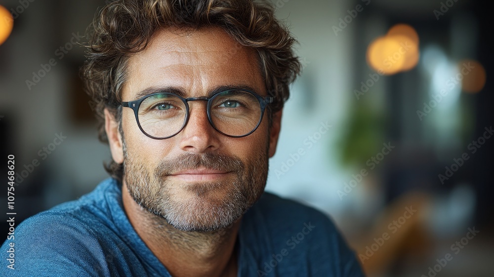 portrait of handsome man 40 years old in blue T-shirt at home, lifestyle portrait of handsome man 40 years old in blue T-shirt at home, lifestyle