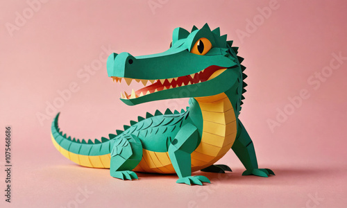 A green paper crocodile with a wide open mouth sits on a pink background