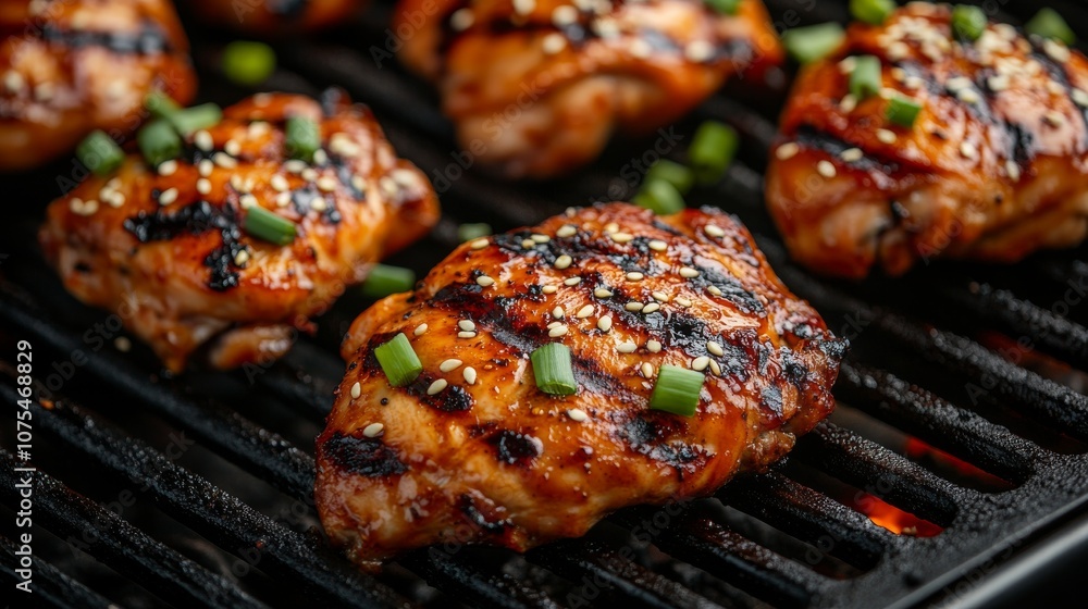 Close-up of Grilled Chicken with Sesame Seeds and Green Onions Close-up of Grilled Chicken with Sesame Seeds and Green Onions