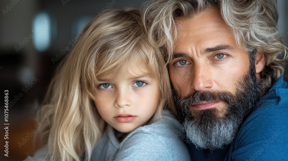 man and his child sit closely together, conveying a sense of warmth and affection. Their expressions reflect deep connection as they enjoy a peaceful afternoon at home man and his child sit closely together, conveying a sense of warmth and affection. Their expressions reflect deep connection as they enjoy a peaceful afternoon at home