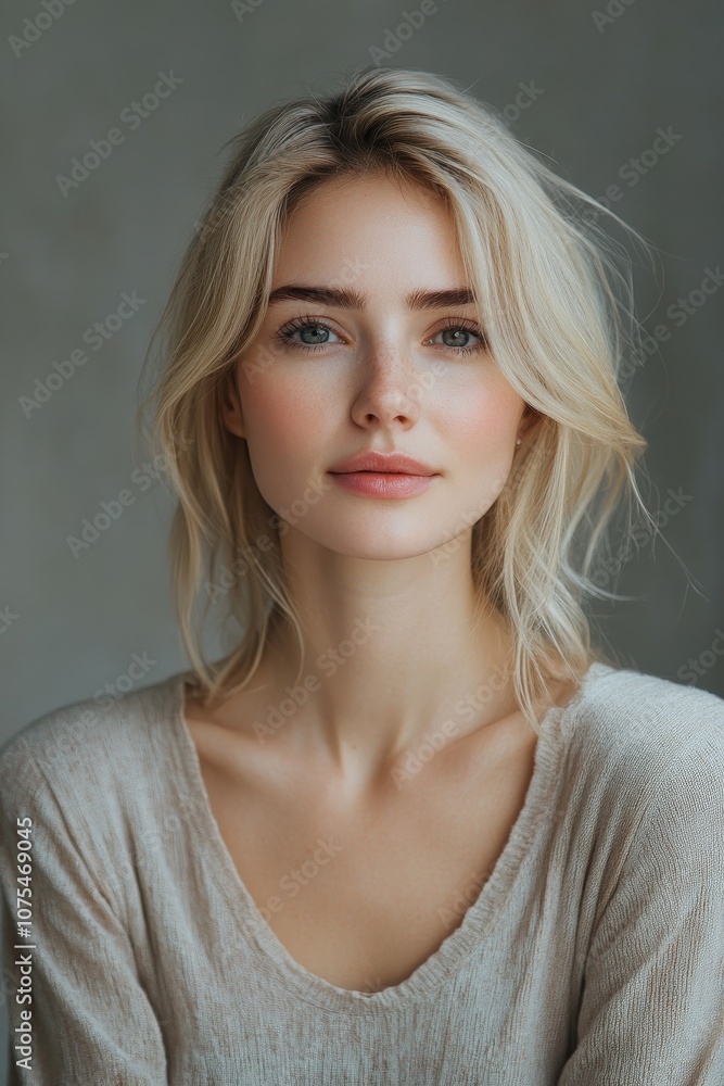 minimalistic portrait of beautiful blonde caucasian woman 35 years old on light background minimalistic portrait of beautiful blonde caucasian woman 35 years old on light background