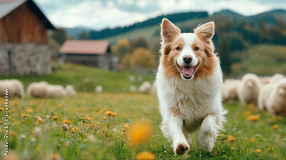 joyful dog bounds through a colorful meadow filled with wildflowers, as fluffy sheep graze peacefully in the background, set against a picturesque countryside landscape joyful dog bounds through a colorful meadow filled with wildflowers, as fluffy sheep graze peacefully in the background, set against a picturesque countryside landscape