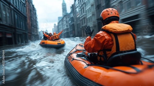 Wallpaper Mural Emergency responders in bright orange rafts maneuver through flooded city streets, helping stranded individuals reach safety amid heavy rain and rising water levels Torontodigital.ca
