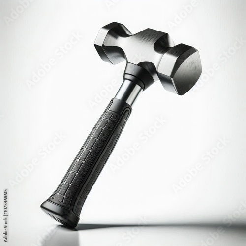 Close-up of Shiny Steel Hammer with Textured Rubber Grip on White Background.  photo