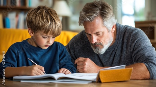 A young boy sits at a wooden table, focused on his homework, while his grandfather attentively guides him with a kind expression in a warm, inviting living room space