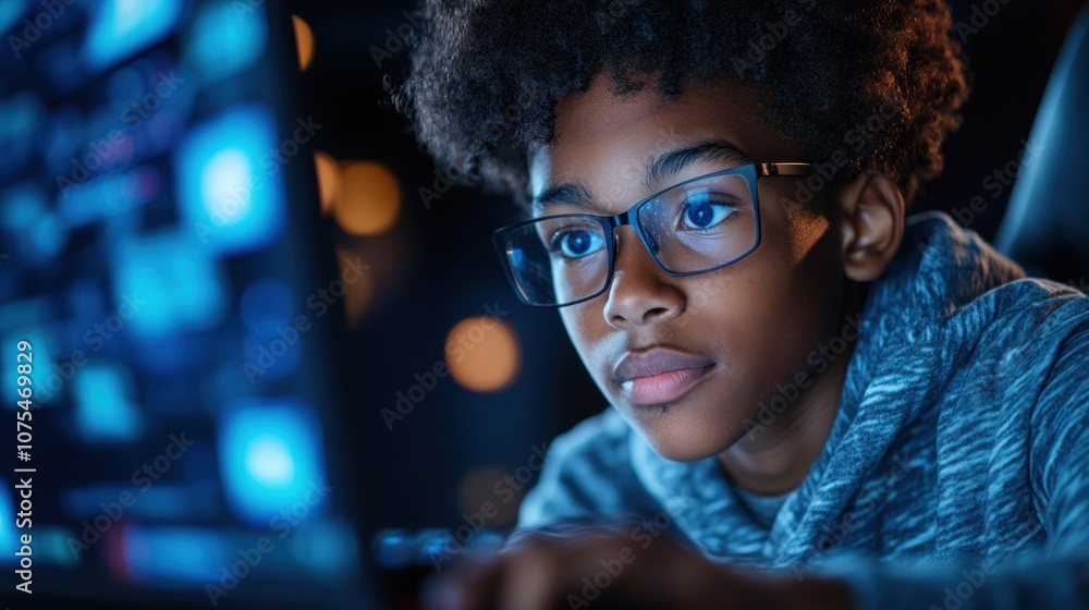 boy is intensely engaged in coding on his laptop, surrounded by a darkened environment boy is intensely engaged in coding on his laptop, surrounded by a darkened environment
