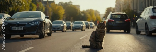 Brown Tabby Cat in an Urban Environment with Warm Daylight. Low-Angle Shot of a Cat on a City Road Surrounded by Vehicles photo