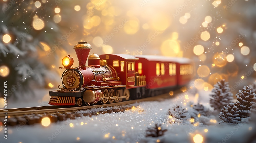 Festive miniature train travels through a snowy winter landscape. Generative AI. Festive miniature train travels through a snowy winter landscape. Generative AI.