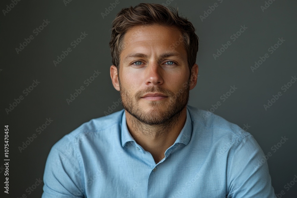 portrait of caucasian man 35 years old in classic blue shirt on grey background, closeup portrait of caucasian man 35 years old in classic blue shirt on grey background, closeup