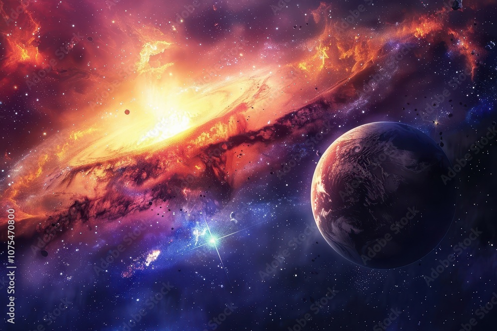 Obraz premium Glowing planet Earth in the vibrant and colorful cosmos with bright shining stars and an orange nebula.