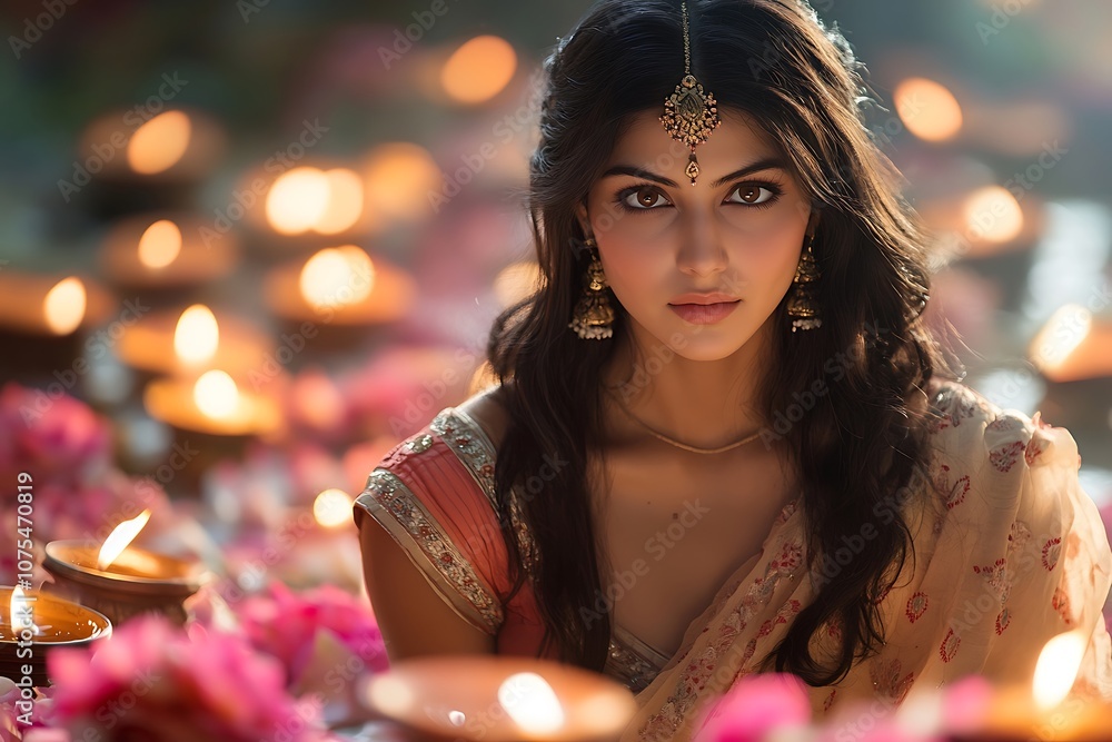 Indian Woman in Silk Sari with Candlelight Glow Indian Woman in Silk Sari with Candlelight Glow