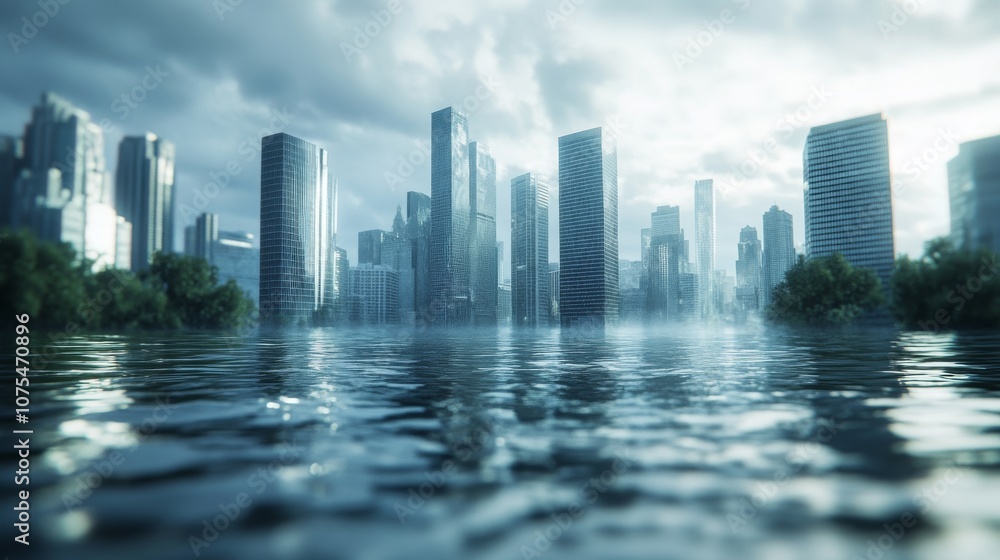 Fototapeta premium Submerged Cityscape: Skyscrapers Emerging from a Flooded Urban Environment