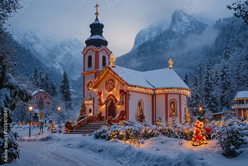 Snow-covered church decorated for Christmas in a winter wonderland